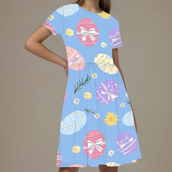 Isvgxsz New Kids Dresses Girls Loose Print A-Line Midi Dress Short Sleeve Crew Neck Lightweight Girls Hawaiian Dresses 13-14 Years（170） Multicolor3