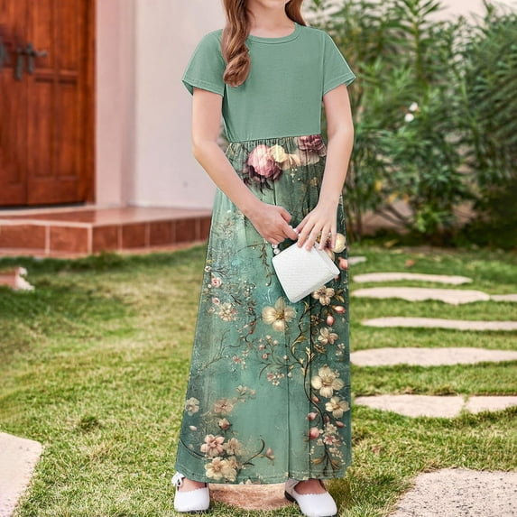 Isvgxsz New Kids Dresses Girls Toddler Kids Girls Cute Solid Color Flower Print Short Sleeve Stretchy Pocket Dress A Line Long Dress Girls Hawaiian Dresses Green2