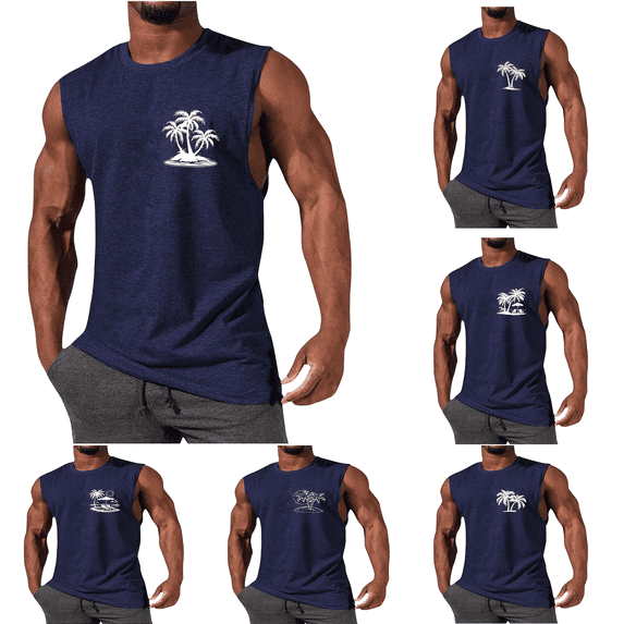 Pounoo New Men's Tank Tops Men's Printing Button Casual Round-Neck Tank Top Quick Drying Mens Workout Sleeveless Shirts Multicolor