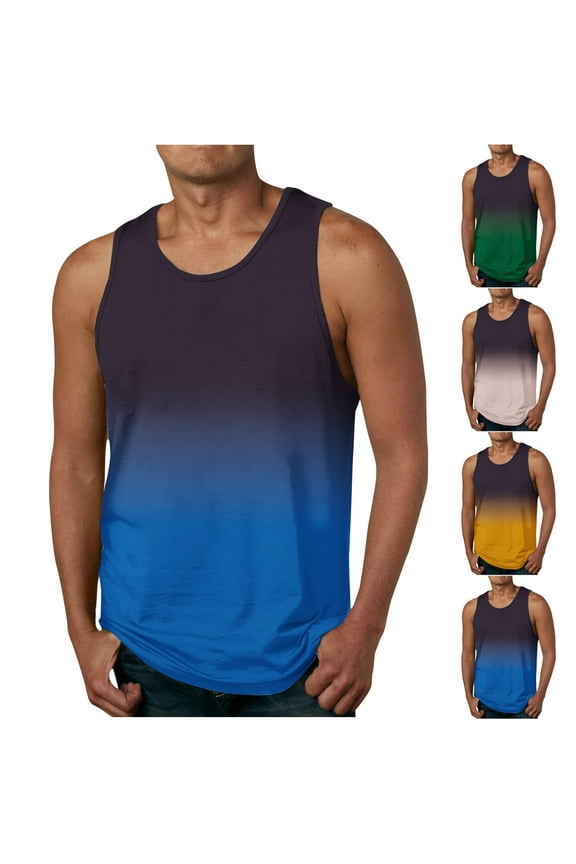 New Mens Tank Tops Summer Cozy Men's Gradient 3D Print Tank Top Casual Sports Sleeveless Round Neck T-Shirt Tank Top/Shirt Blouses Lightweight Workout Tanks for Men Yellow