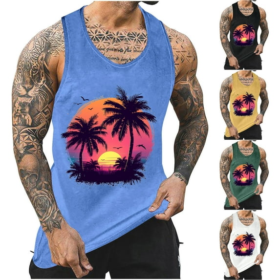 Isvgxsz New Mens Tank Undershirts Men's Tank Colorless Gradient Tropical Round Neck Thin Strap Leakage Back Regular Casual Sports Tank Blouses Quick Drying Hawaiian Shirts&nbsp;For Men Green