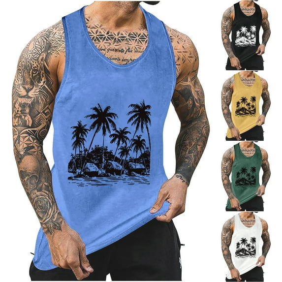 Pounoo New Mens Workout Shirts Men's Tank Colorless Gradient Tropical Round Neck Thin Strap Leakage Back Regular Casual Sports Tank Blouses Breathable Summer Sleeveless Tops Yellow