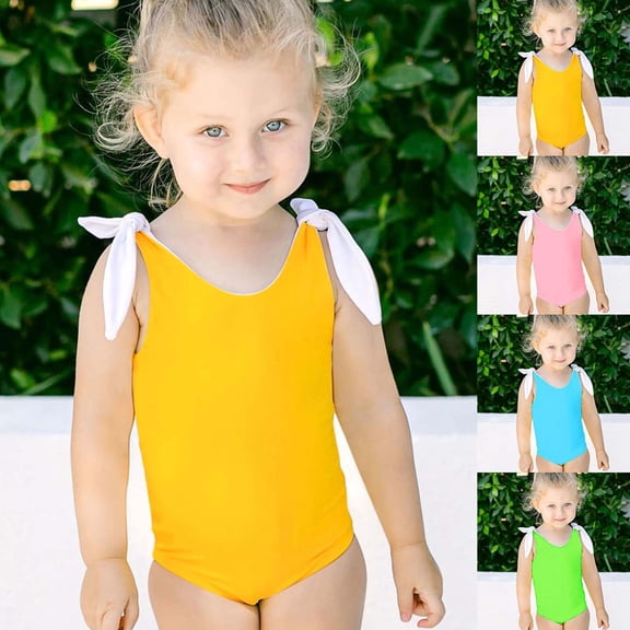 Isvgxsz New One Piece Swimsuits For Girls Solid Trendy Sleeveless Baby Girls One-Piece Swimsuits Soft Satiny Round Neck Bowknot Toddler Girl Swim Green 90