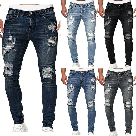 Isvgxsz New Pants for Men Clearance Casual Comfort Waist Skinny Pants Men Multicolor Comfort Fit Long Pants Pocket Button Ripped Hole Mid Waist Skinny Jeans For Men Blue M