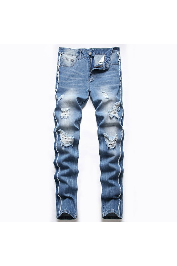 Isvgxsz New Pants for Men Clearance New Style Comfort Waist Skinny Pants&nbsp;Men Solid Skin-Friendly Long Pants Pocket Button Ripped Hole Mid Waist Big and Tall Pants Blue 36