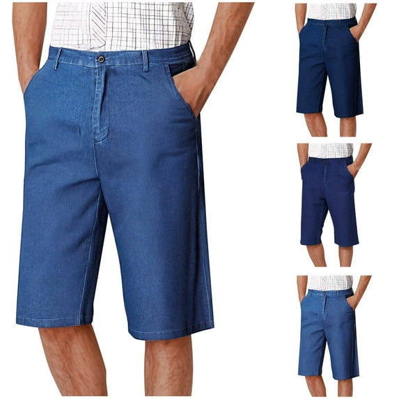 Isvgxsz New Pants for Men Jeans Casual Comfort Waist Shorts for Men Solid Lightweight Short Pocket Button Front High Waist Big and Tall Pants Dark Blue Xl
