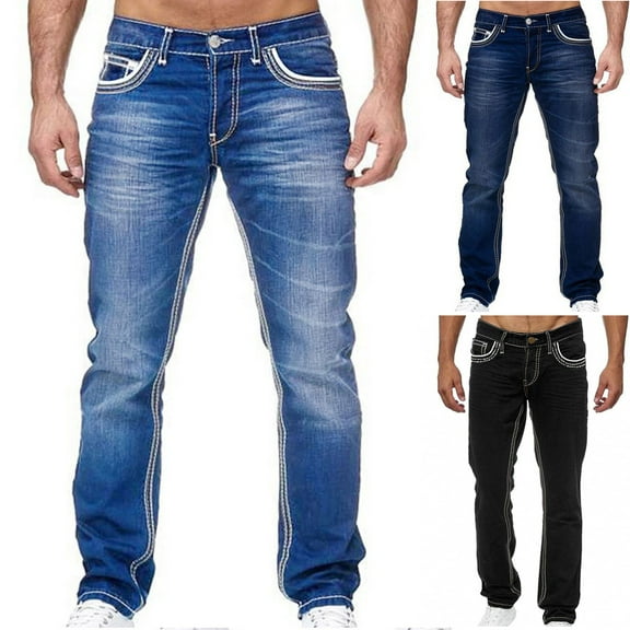 Pounoo New Pants for Men Jeans Casual Comfort Waist Straight Pants Men Multicolor Stretchable Long Pants Pocket Button Front Mid Waist Big and Tall Pants Dark Blue Xxxl