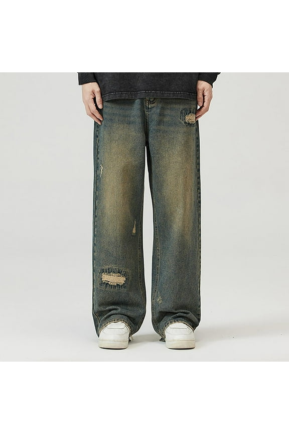 Isvgxsz New Pants for Men Jeans Casual Comfort Waist Wide Leg Pants Men Multicolor Breathable Long Pants Pocket Button Ripped Hole High Waist Mens Pants Under $20 Blue S