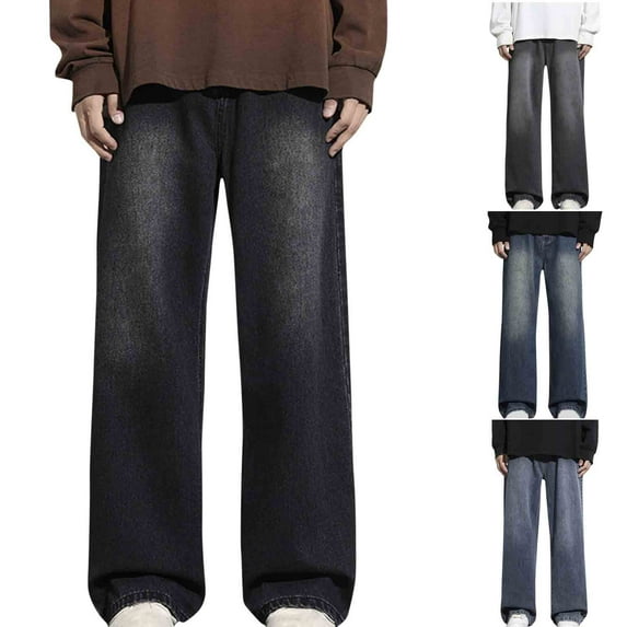 Isvgxsz New Pants for Men Jeans Casual Comfort Waist Wide Leg Pants Men Solid Stretchable Long Pants Pocket Button Front High Waist Mens Pants Under $20 Blue Xxl