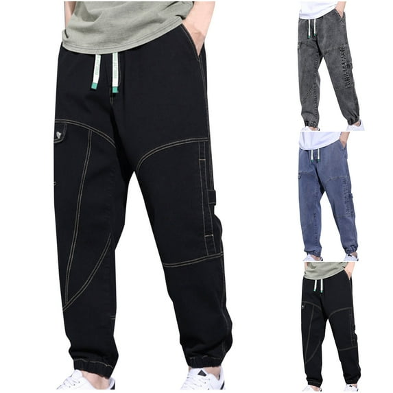 Isvgxsz New Pants for Men Jeans Fashion Expandable Waist Cargo Pants For Men Solid Easy Care Long Pants Pocket Drawstring High Waist Mens Pants Under $20 Gray Xl