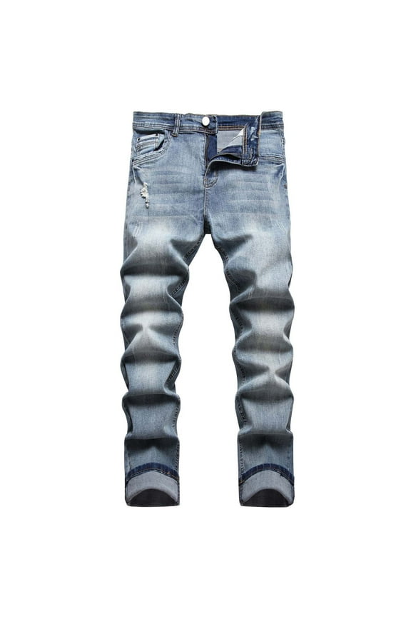 Isvgxsz New Pants for Men Jeans Men's Casual Cotton Straight Ripped Hole Trousers Jeans Pants Full Length Pants Skinny Pants&nbsp;Men Full Length Pants Light Blue L