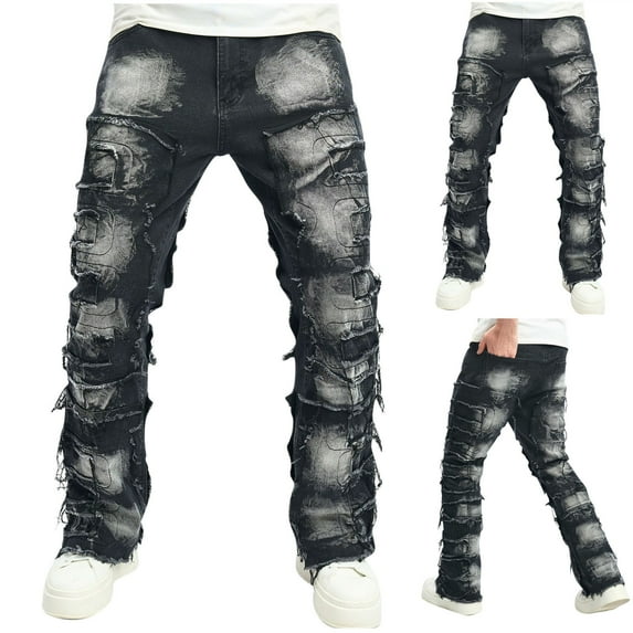 Isvgxsz New Pants for Men Jeans New Style Comfort Waist Skinny Pants&nbsp;Men Multicolor Easy Care Long Pants Pocket Button Ripped Hole Mid Waist Big and Tall Pants Black M