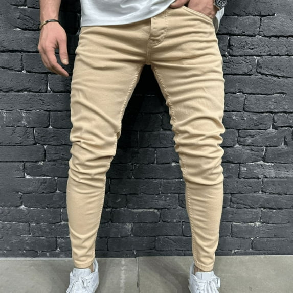 Isvgxsz New Pants for Men Jeans New Style Comfort Waist Skinny Pants Men Solid Breathable Long Pants Pocket Button Front Mid Waist Big and Tall Pants Yellow Xl