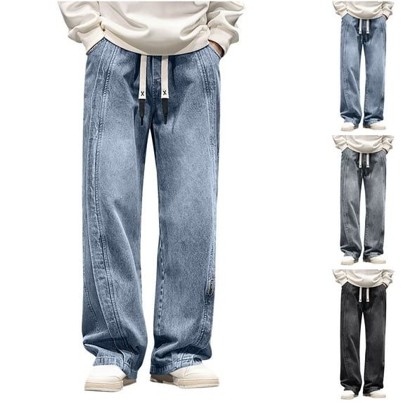Pounoo New Pants for Men Jeans New Style Elastic Waist Wide Leg Pants Men Solid Stretchable Long Pants Pocket Drawstring High Waist Plus Size Jeans Gray Xxxl