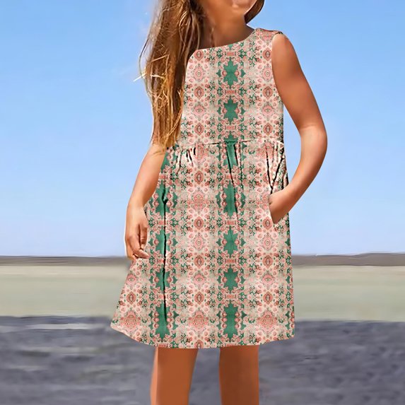 Isvgxsz New Party Dresses for Girls Girls Sleeveless Dress Round Neck Floral Printed Sundress for Casual Home Party Beach 3-14 Years Girls Casual Dresses