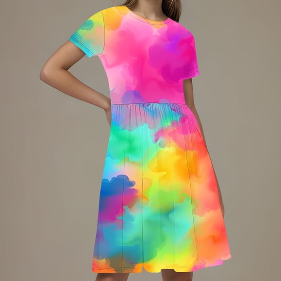 Isvgxsz New Party Dresses for Girls New Style Gradation A-Line Midi Dress Short Sleeve Crew Neck Soft Comfort Girls Casual Dresses 11-12 Years(160) Multicolor4