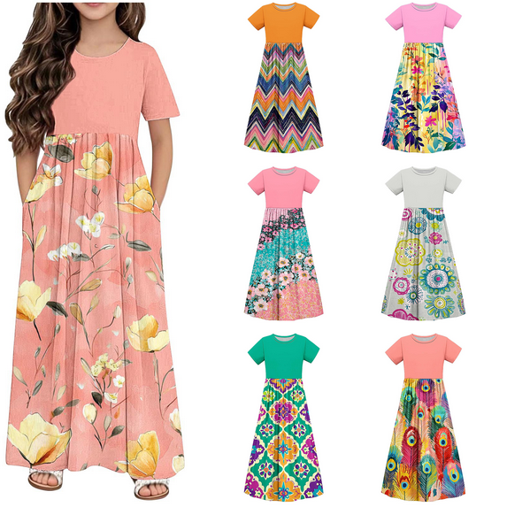 Isvgxsz New Party Dresses for Girls New Style Print A-Line Long Dress Short Sleeve Crew Neck with Pocket Skin-Friendly Girls Casual Dresses 11-12 Years(160) Pink