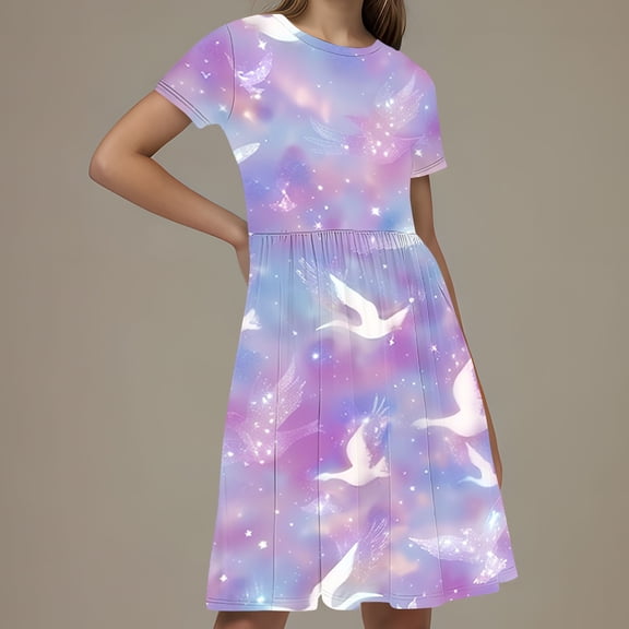 Isvgxsz New Party Dresses for Girls Girls Dress Basic Short Sleeve A Line Swing Skater Twirl School Party Dress Girls Casual Dresses Multicolor1