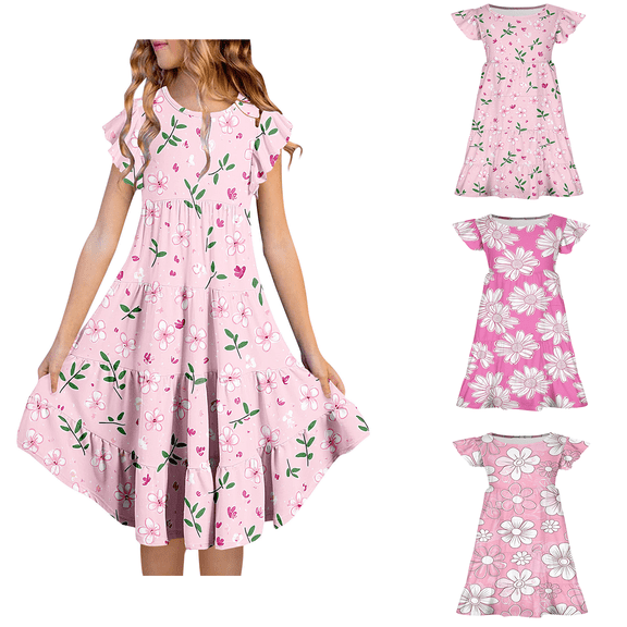 Isvgxsz New Party Dresses for Girls Girls Flutter Sleeve Unicorn Mermaid Dresses Summer Party Beach Hawaiian Clothes（5-15Y） Girls Casual Dresses