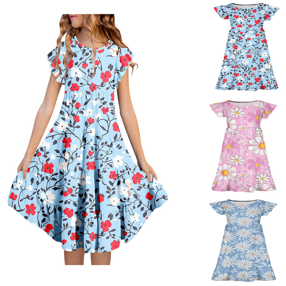 Isvgxsz New Party Dresses for Girls Girls' Summer Flower Print Short Sleeve Ruffled Pockets Round-Neck Printed Dress for Kids Girls Casual Dresses