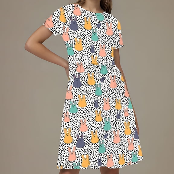 Isvgxsz New Party Dresses for Girls Toddler Kids Girls Print Short Sleeve Stretchy Dress A Line Dress Girls Casual Dresses Multicolor2