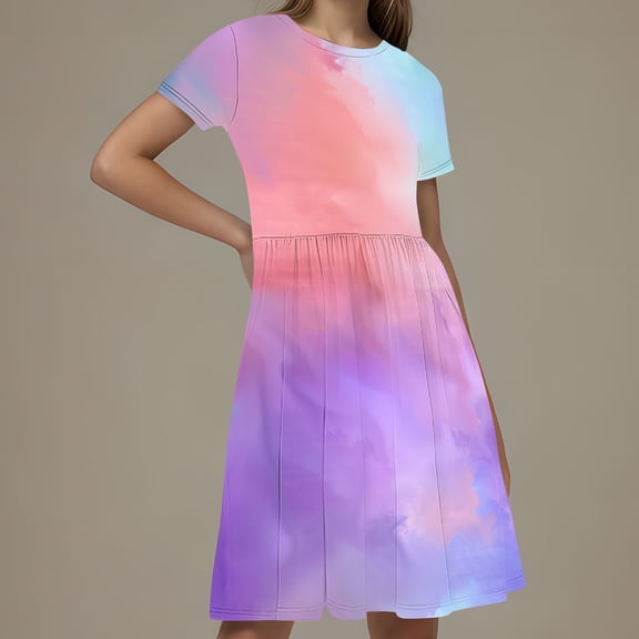 Isvgxsz New Party Dresses for Girls Toddler Kids Girls Print Short Sleeve Stretchy Dress A Line Dress Girls Casual Dresses Multicolor5