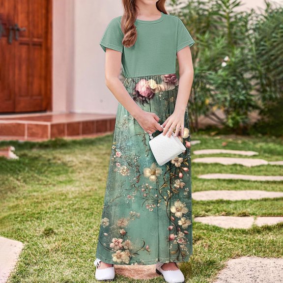 Isvgxsz New Summer Dresses for Girls Fashion Print A-Line Long Dress Short Sleeve Crew Neck with Pocket Skin-Friendly Flower Girl Dresses 9-10 Years(150) Green2