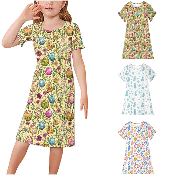 Isvgxsz New Summer Dresses for Girls Fashion Print A-Line Midi Dress Short Sleeve Crew Neck Flounce Quick Drying Flower Girl Dresses 7-8 Years（150） Multicolor2