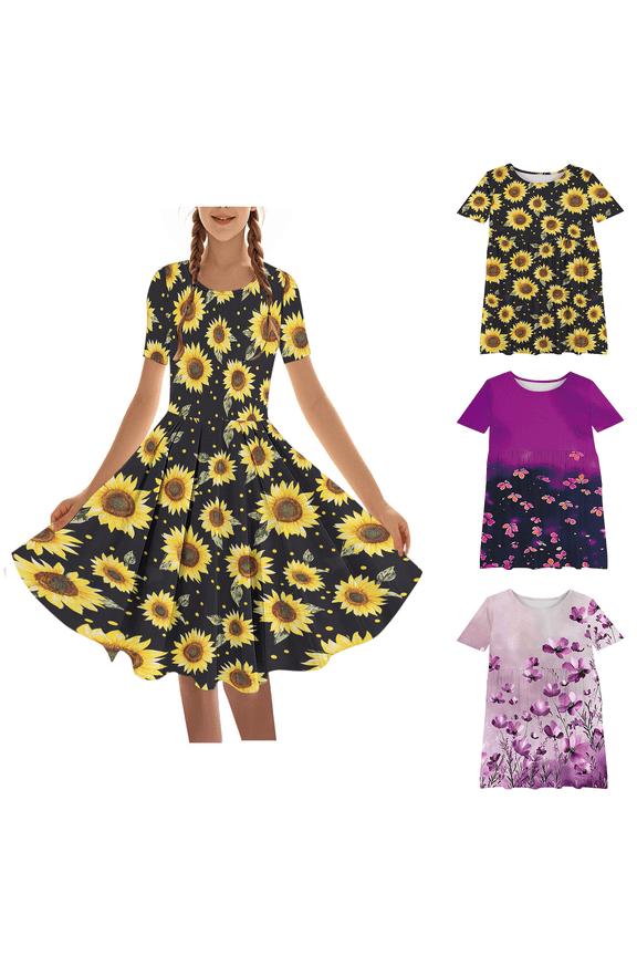 Isvgxsz New Summer Dresses for Girls Girl'S Flower Print Short Sleeve Stretchy Dress Easter Short Sleeve Round Neck Dress Dance Skirt for Kids Flower Girl Dresses