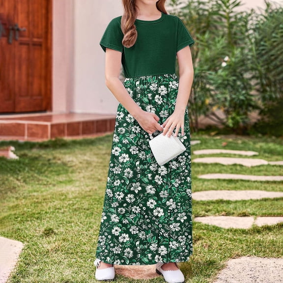 Isvgxsz New Summer Dresses for Girls Girl'S Short Sleeve Floral Print Loose Casual Long Maxi Dress with Pockets 4-14 Years Flower Girl Dresses Green1