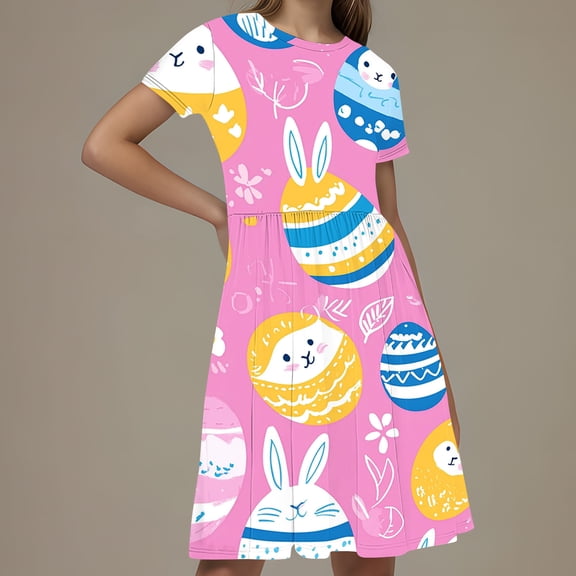 Isvgxsz New Summer Dresses for Girls Girls Dress Basic Short Sleeve A Line Swing Skater Twirl School Party Dress Flower Girl Dresses Multicolor6