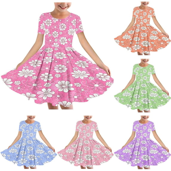 Pounoo New Summer Dresses for Girls Loose Print Round Neck Short Sleeve Mid-Length Casual Dresses Flounce Comfort Fit Flower Girl Dresses