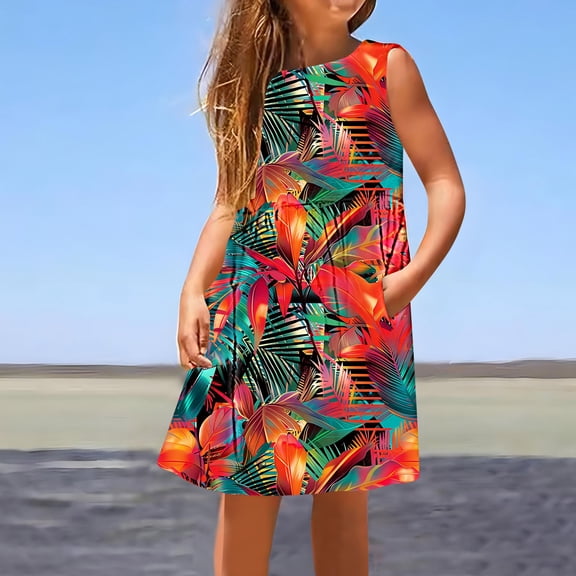 Isvgxsz New Summer Dresses for Girls Loose Print Round Neck Sleeveless Mid-Length Casual Dresses with Pocket Flounce Breathable Flower Girl Dresses