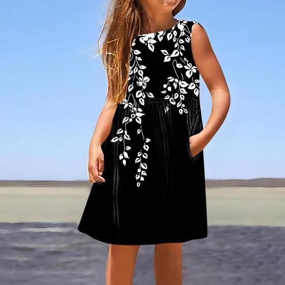 Isvgxsz New Summer Dresses for Girls Loose Print Round Neck Sleeveless Mid-Length Casual Dresses with Pocket Flounce Breathable Flower Girl Dresses