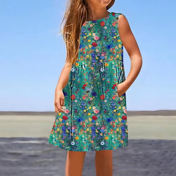 Isvgxsz New Summer Dresses for Girls Loose Print Round Neck Sleeveless Mid-Length Casual Dresses with Pocket Flounce Lightweight Flower Girl Dresses