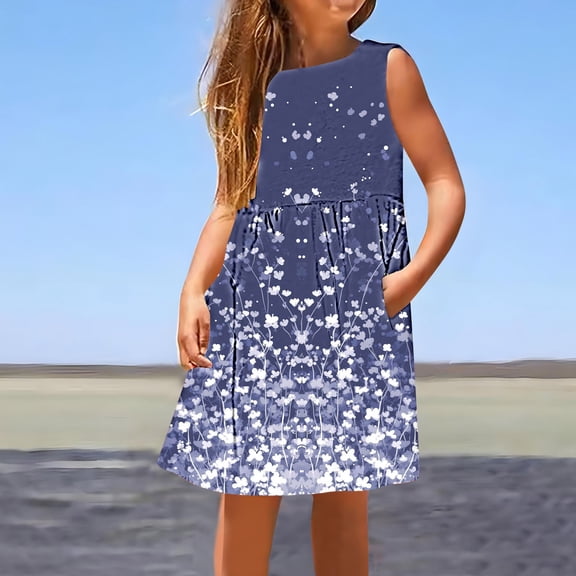 Pounoo New Summer Dresses for Girls Loose Print Round Neck Sleeveless Mid-Length Casual Dresses with Pocket Flounce Soft Satiny Flower Girl Dresses