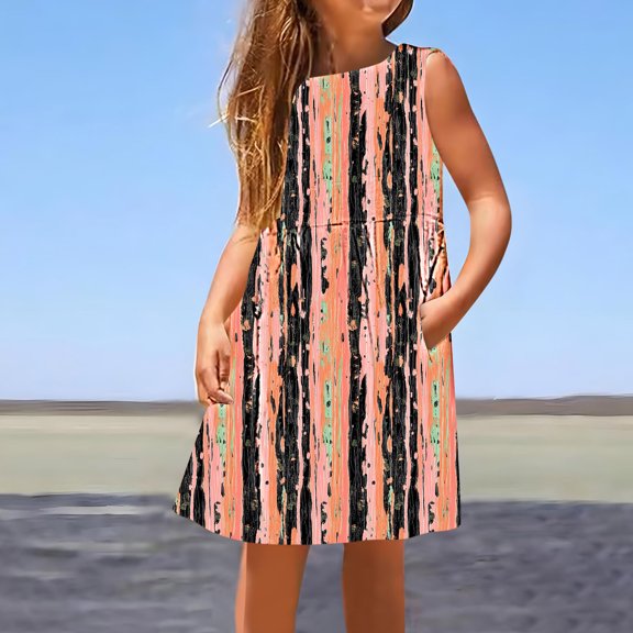 Isvgxsz New Summer Dresses for Girls Loose Striped Round Neck Sleeveless Mid-Length Casual Dresses with Pocket Flounce Breathable Flower Girl Dresses