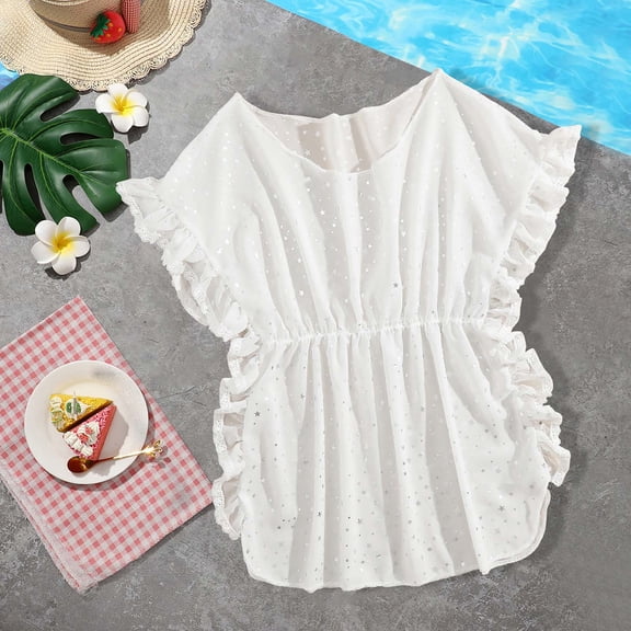 Isvgxsz New Swimming Skirt and Shirt Cute Solid Mini Girls Swimsuits Dresses Short Sleeve V-Neck Ruched Lightweight Summer Girls Dresses