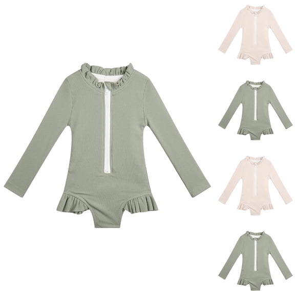 Isvgxsz New Swimwear For Girls Solid Cute Swimsuits Long Sleeve One Piece Lightweight Crew Neck Zip-Up Flounce Baby Girl Swimsuits Beige 3 Years