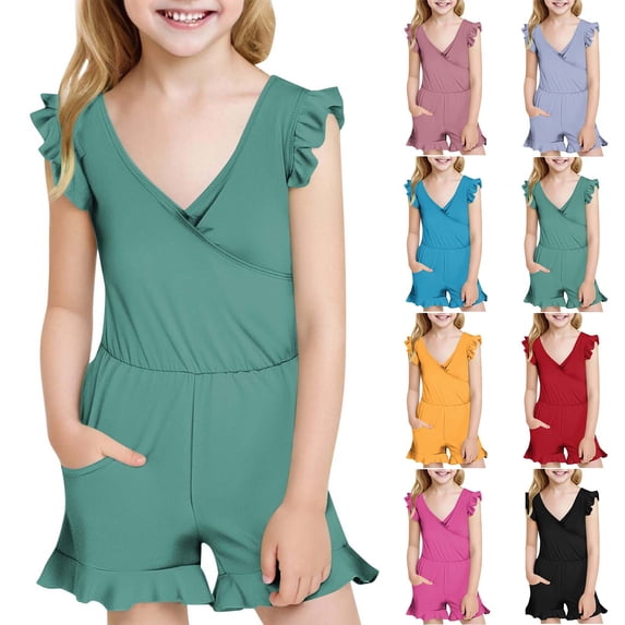 Isvgxsz New Swimwear For Girls Solid Cute Sleeveless Baby Girls One-Piece Swimsuits Lightweight Deep V-Neck Pocket Flounce Bathing Suits For Kids One Piece Blue 9 Years