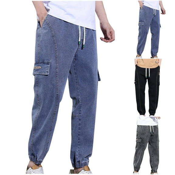 Isvgxsz New Trousers for Men Clearance Casual Elastic Waist Cargo Pants&nbsp;For Men Solid Easy Care Long Pants Pocket Drawstring Mid Waist Big and Tall Pants Blue L