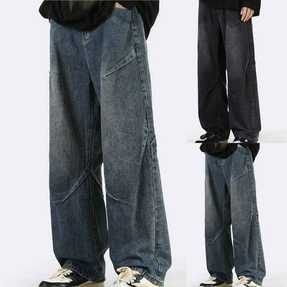 Isvgxsz New Trousers for Men Clearance Fashion Comfort Waist Wide Leg Pants Men Solid Easy Care Long Pants Pocket Button Front Mid Waist Relaxed Fit Jeans Black Xl