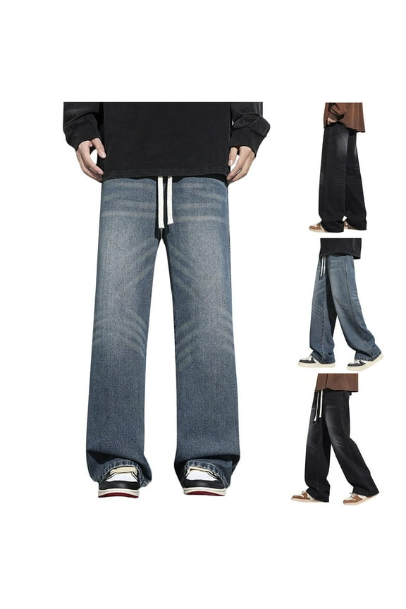 Isvgxsz New Trousers for Men Clearance Fashion Elastic Waist Wide Leg Pants Men Solid Stretchable Long Pants Pocket Drawstring Mid Waist Relaxed Fit Jeans Blue M