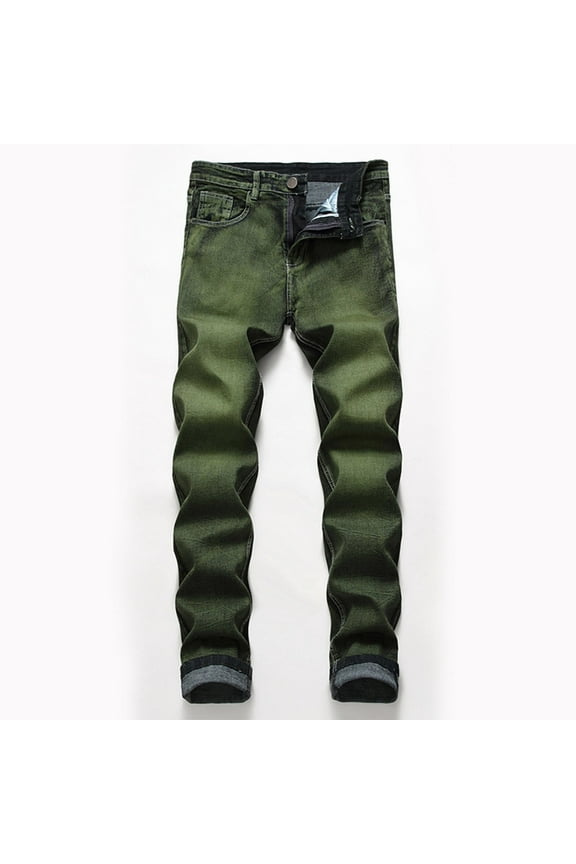 Isvgxsz New Trousers for Men Fashion Comfort Waist Skinny Pants Men Solid Skin-Friendly Long Pants Pocket Button Front High Waist Plus Size Jeans Green 36