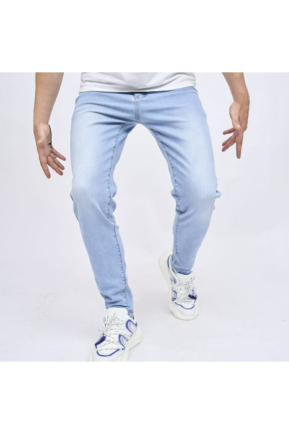 Isvgxsz New Trousers for Men Men's Light Blue Jeans Zipper Wash Elastic Trend Outdoors Denim Trousers Skinny Pants Men Full Length Pants Jeans Light Blue L