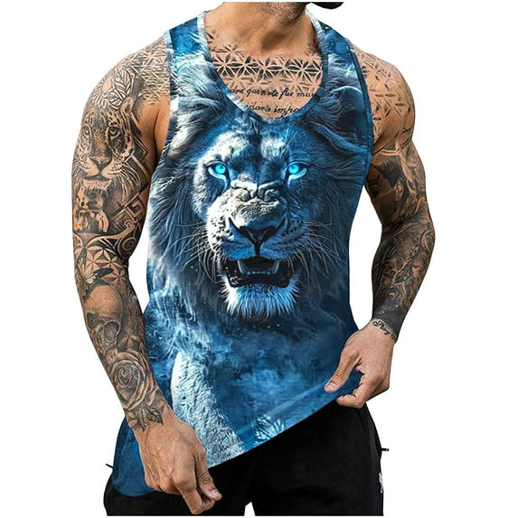 Isvgxsz New Undershirts for Men Printed Vests Casual Sleeveless Round Neck T-Shirt Tank Tops Quick Drying Sleeveless Tops for Men Light Blue