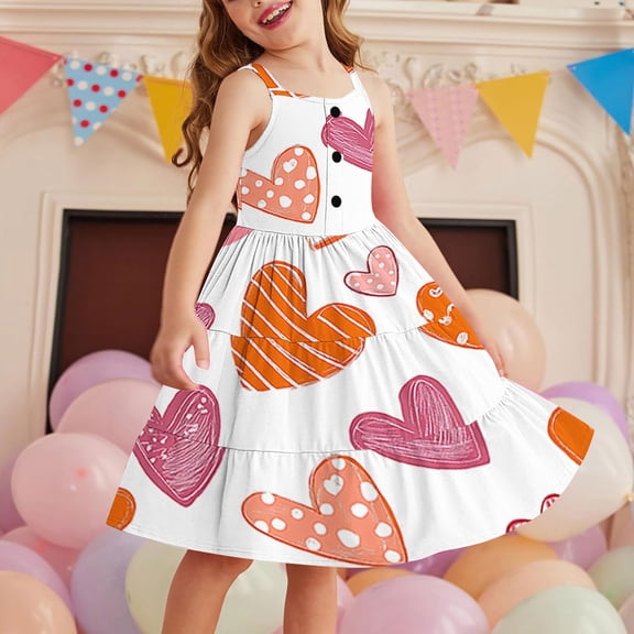 Isvgxsz Party Dresses for Girls New Style Print Slit Neck Sleeveless Mid-Length Summer Dresses with Pocket Button Flounce Lightweight Girls Casual Dresses