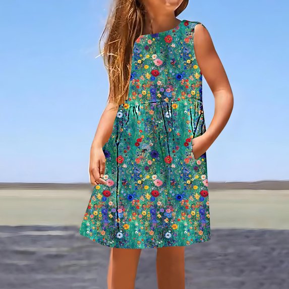 Pounoo Party Dresses for Girls New Style Print Round Neck Sleeveless Mid-Length Summer Dresses with Pocket Flounce Breathable Girls Casual Dresses