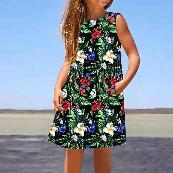 Isvgxsz Party Dresses for Girls New Style Print Round Neck Sleeveless Mid-Length Summer Dresses with Pocket Flounce Comfort Fit Girls Casual Dresses
