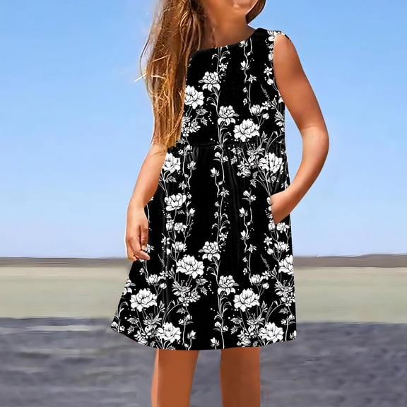 Isvgxsz Party Dresses for Girls New Style Print Round Neck Sleeveless Mid-Length Summer Dresses with Pocket Flounce Soft Satiny Girls Casual Dresses